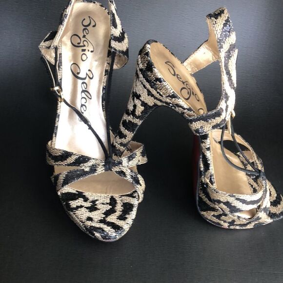 Sergio Zelcer Gorgeous Brazilian Designer Sequin Animal Print Heels - Picture 2 of 12